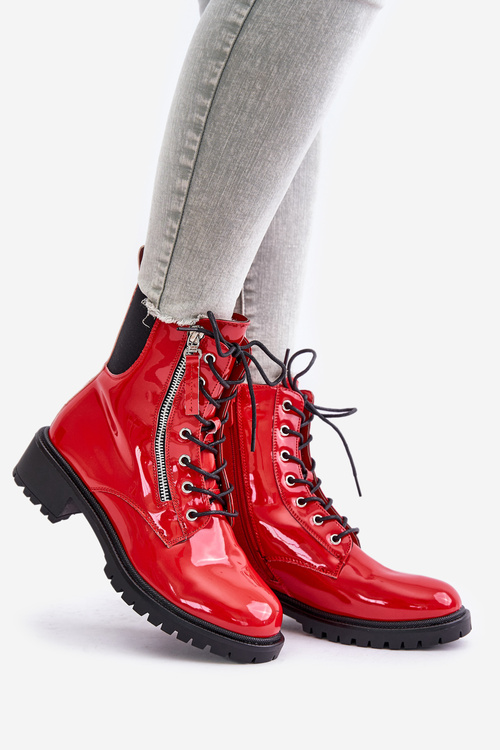 Lakierowane Botki Workery Na Zamek Ocieplane Czerwone Ravanthia