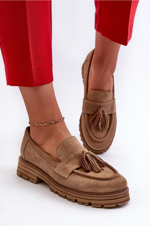 Zazoo 3469 Zamszowe Mokasyny Damskie Z Frędzlami Beżowe