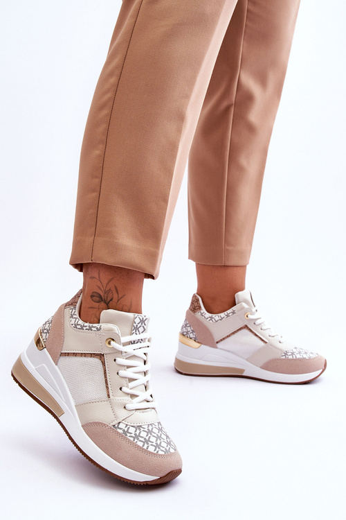 Damskie Sneakersy Buty Sportowe Na Koturnie Biało-Beżowe Nomera