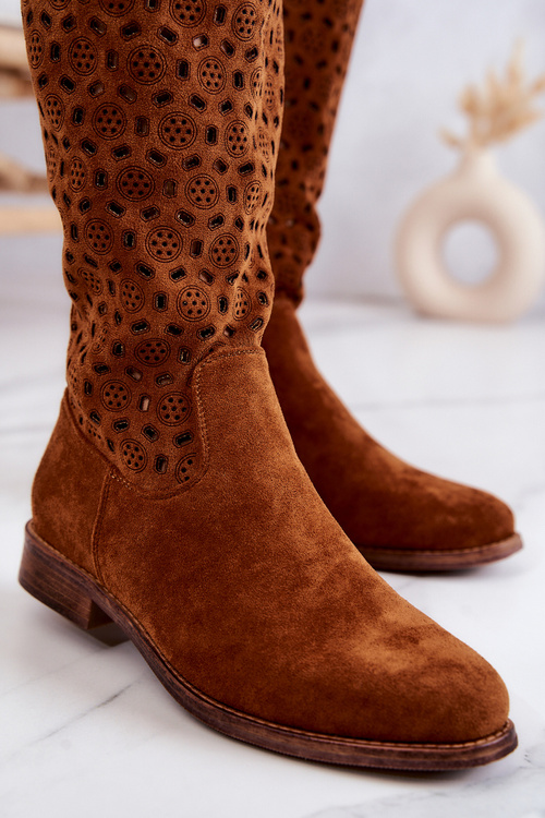 Zamszowe Kozaki Z Ażurowym Wzorem Camel Darnell