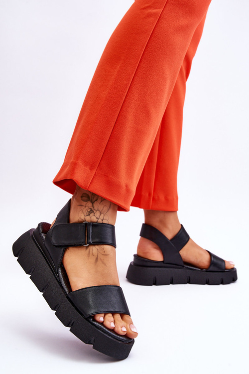 Damskie Skórzane Sandały Na Platformie Czarne Katte