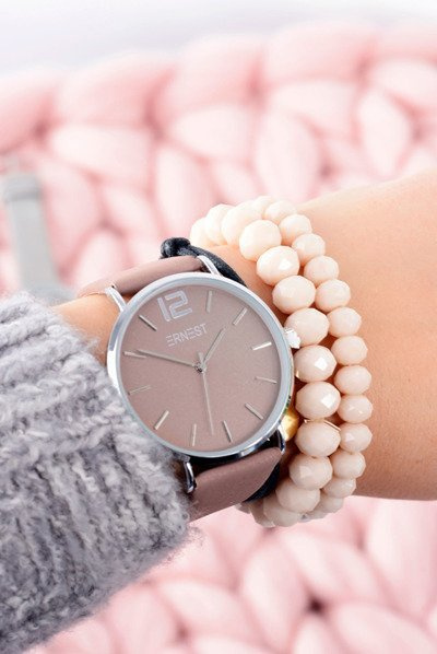 Skórzany Brązowy Damski Zegarek Srebrna Koperta Ernest