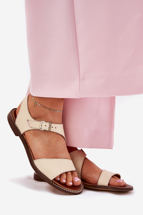 Skórzane Płaskie Sandały Damskie Zazoo 3014 Beżowe