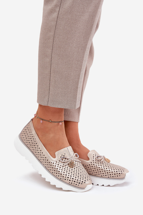 Skórzane Ażurowe Półbuty Damskie Z Naturalnej Skóry D&A LR51-631 Złote