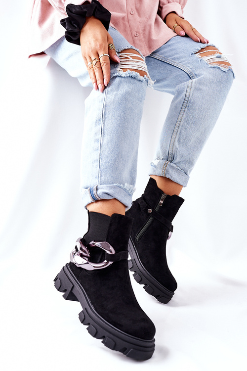 Damskie Ocieplane Botki Sztyblety Czarne Visione