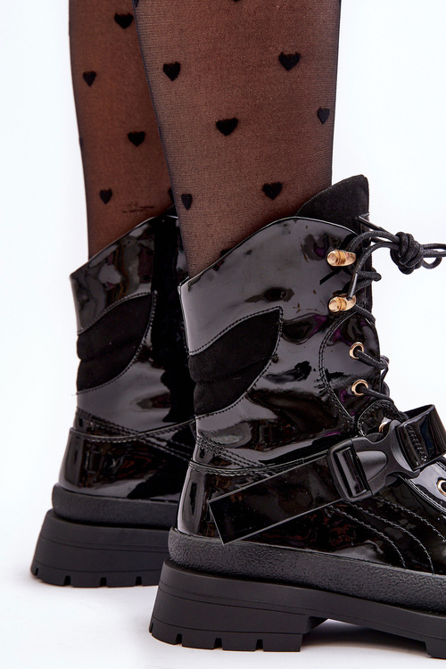 Damskie Lakierowane Botki Workery Na Platformie Czarne Nahili