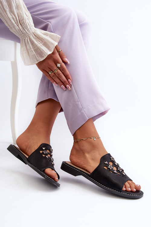 Błyszczące Klapki Damskie Z Ozdobami S.Barski KV27-063 Czarne