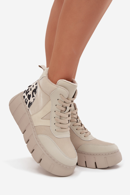 Skórzane Botki Damskie Na Platformie Ocieplane Vinceza 66838 Beżowe