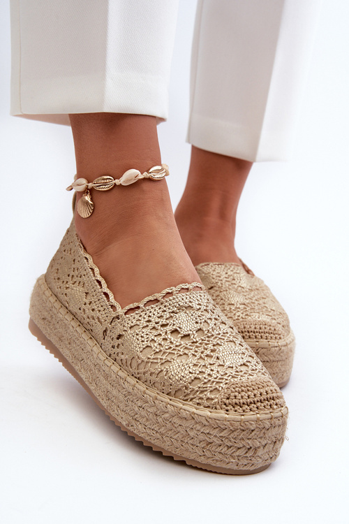 Espadryle Damskie Koronkowe Na Platformie Złote Elarose