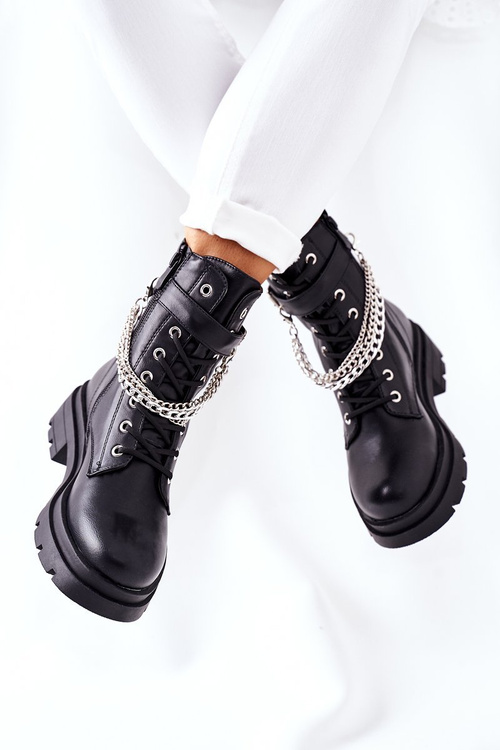 Czarne Workery Botki z Łańcuchem Midtown