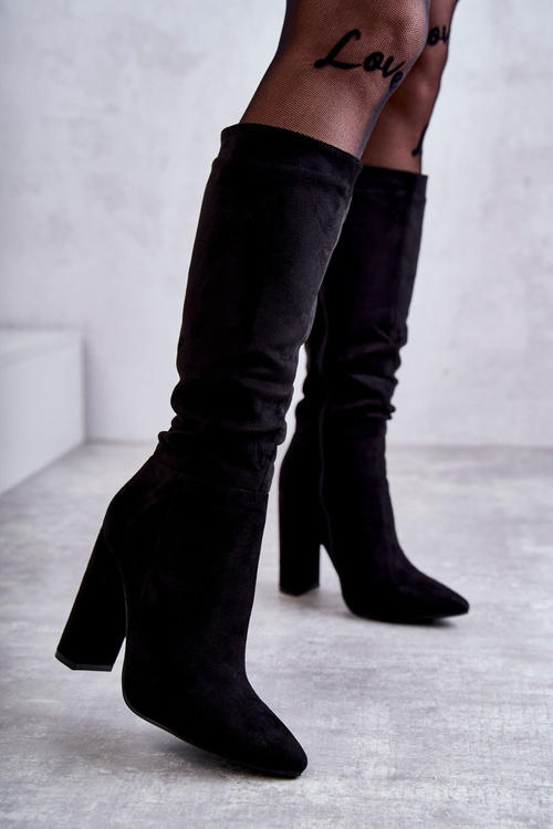 Klasyczne Zamszowe Kozaki Na Obcasie Czarne Tressa