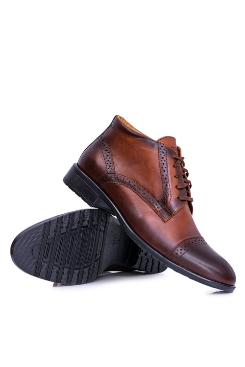 Męskie Botki Ocieplane Polskie Skórzane Trzewiki Koniak Columbs