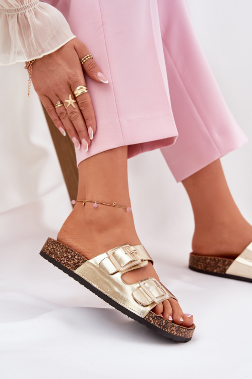 Klapki Damskie Z Klamrami Na Korkowej Podeszwie Złote Sercele