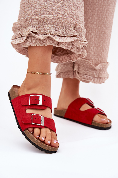 Klapki Damskie Na Korkowej Platformie Klamry Czerwone Evisolla