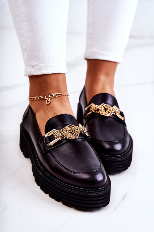 Damskie Półbuty Złota Ozdoba Skórzane Laura Messi 2383 Czarne