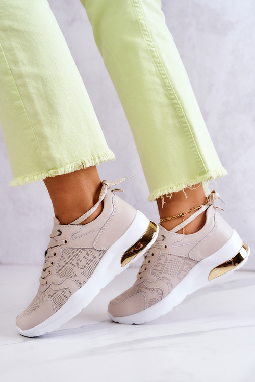 Skórzane Damskie Sneakersy Na Koturnie Beżowe Phiness