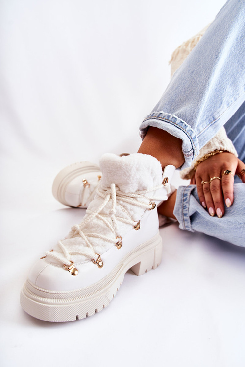 Skórzane Ocieplane Botki Trapery Białe Arisa