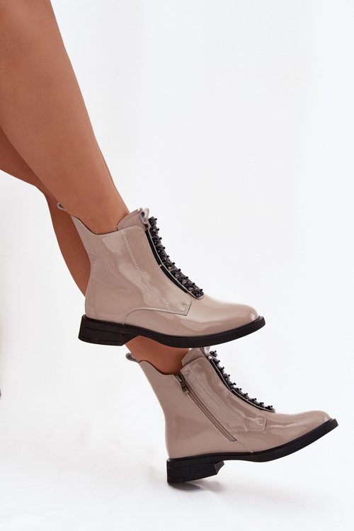 Lakierowane Botki Damskie Z Naturalnej Skóry D&A MR52-108 Beżowe