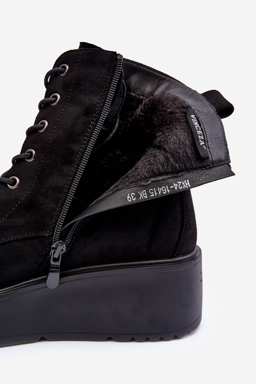 Zamszowe Botki Workery Na Masywnej Platformie Koturnie Czarne Lavica