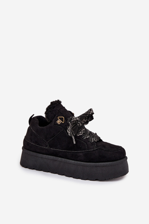 Sznurowane Śniegowce Damskie Na Platformie Ocieplane Futerkiem Czarne Tavelle