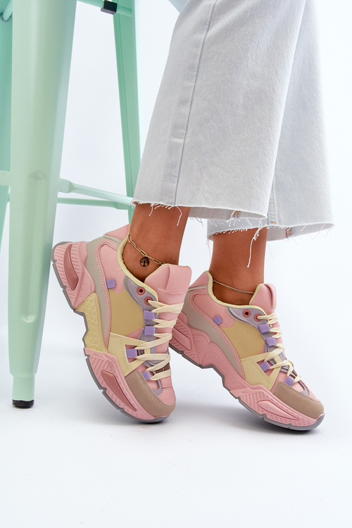 Sneakersy Damskie Na Grubej Podeszwie Różowo-Żółte Peonema