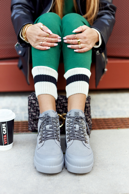 Skórzane Trapery Botki Big Star II274365 Szare