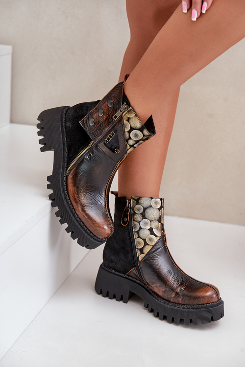 Skórzane Ocieplane Botki Na Platformie I Płaskim Obcasie Maciejka 06140-25 Złoto-Czarne