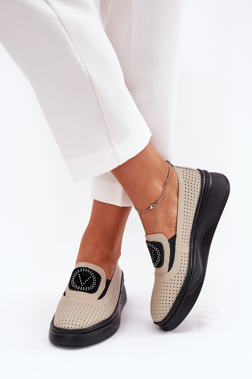 Mokasyny Damskie Skórzane Na Platformie I Koturnie Vinceza 79522 Beżowe