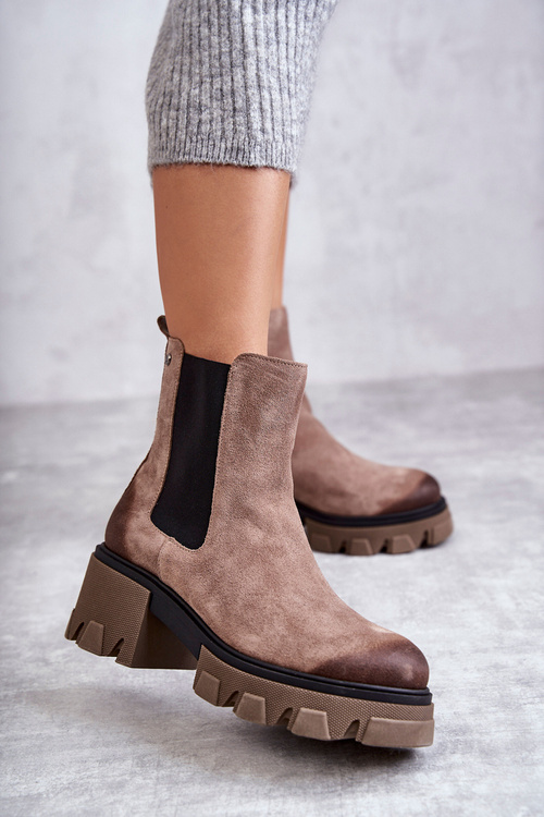 Zamszowe Damskie Botki Na Platformie Beżowe Lemar Hilde