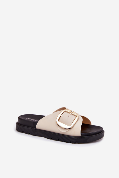 Klapki Damskie Na Platformie Ze Złotą Klamrą Beżowe Jovira