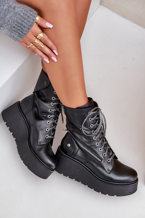 Skórzane Botki Workery Na Platformie I Koturnie Maciejka 06676-01 Czarne