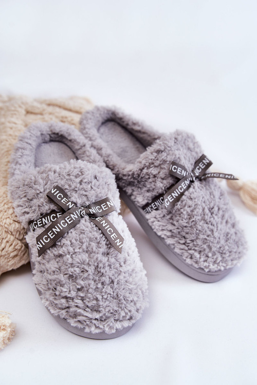 Damskie Futrzane Papcie Z Kokardką Szare Ryana