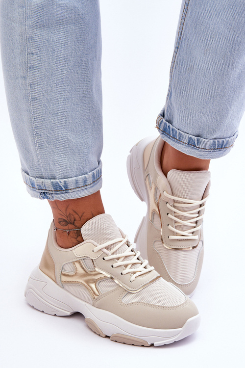 Damskie Sneakersy Sznurowane Beżowo-Złote Cortes