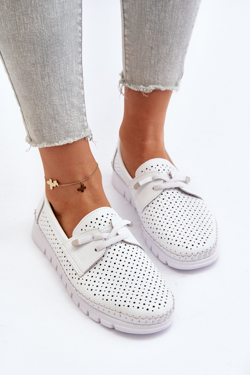 Skórzane Półbuty Damskie Ażurowe Białe Darnissa