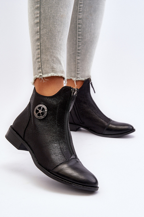 Damskie Botki Na Płaskim Obcasie Z Zamkiem Czarne Loratie