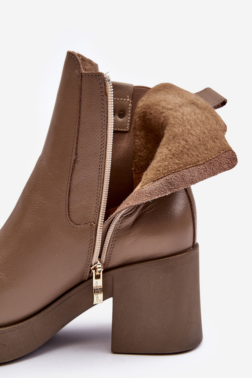 Skórzane Damskie Botki Na Obcasie Lemar Brązowe Kodra