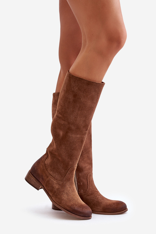 Zamszowe Kozaki Damskie Do Połowy Łydki Na Zamek Lewski 3616 Brązowe