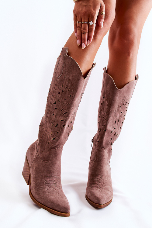 Zamszowe Kozaki Kowbojki Z Ażurowym Wzorem Brązowe Naya