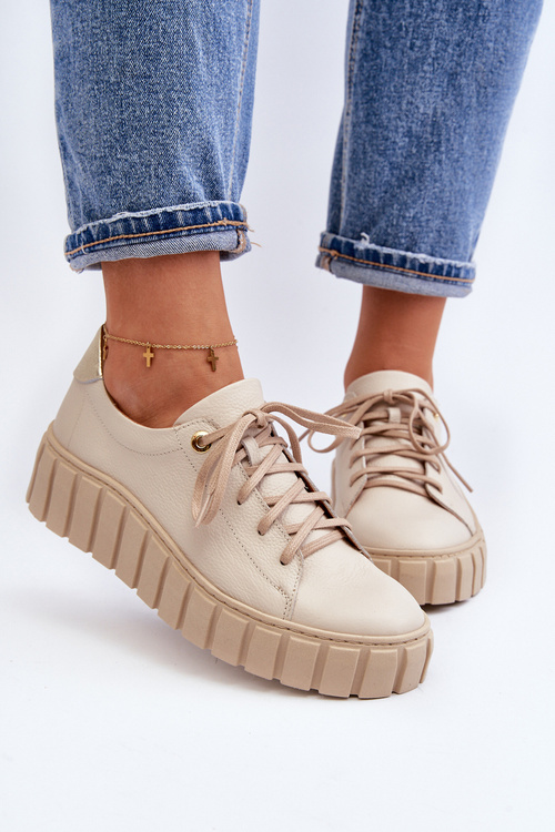 Zazoo 2919 Damskie Skórzane Półbuty Na Grubej Podeszwie Beżowe