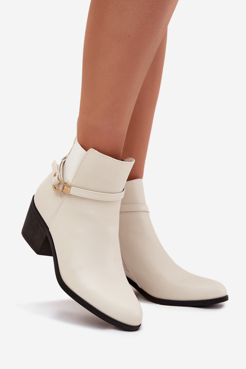 Botki Damskie Na Zamek Z Paseczkiem I Złotym Detalem Jasnobeżowe Zelinae