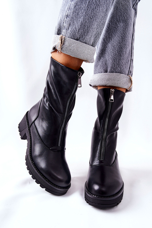 Skórzane Botki Na Obcasie Czarne Challonte