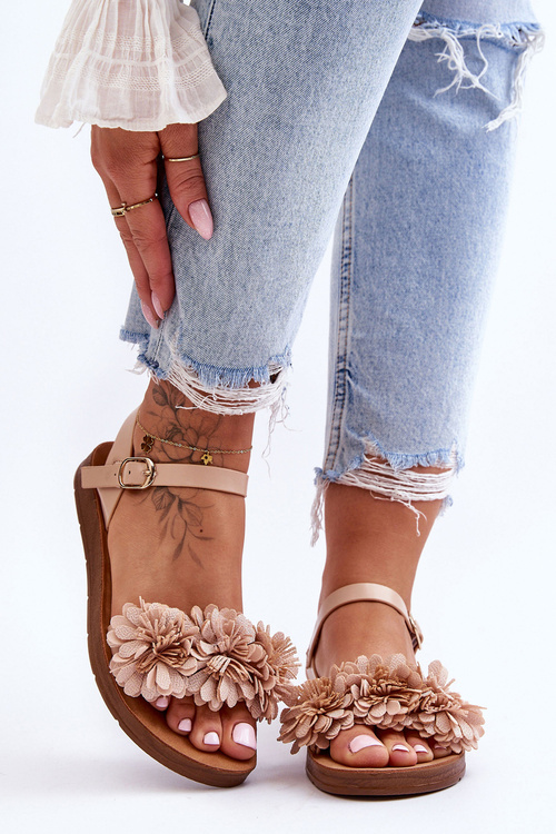 Damskie Sandały Z Materiałowymi Kwiatami Beżowe Fiori