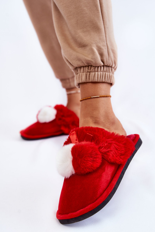 Damskie Papcie Z Pomponami I Futerkiem Czerwone Sahira
