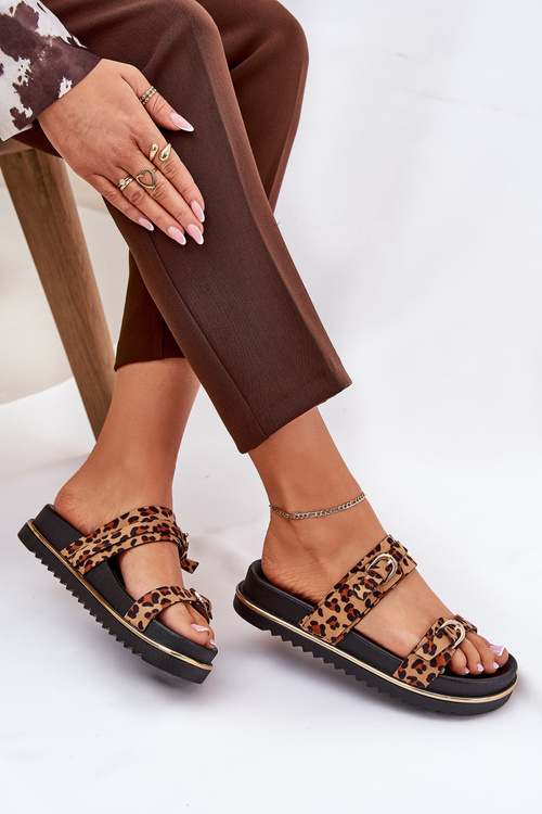 Klapki Damskie w Panterkę Na Platformie Z Paskami I Klamrami Brązowe Ziferte