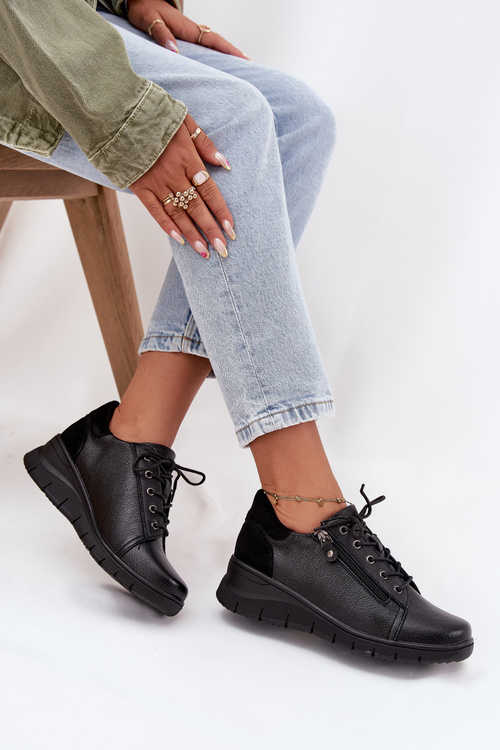 Skórzane Półbuty Damskie Na Koturnie Vinceza 39964 Czarne