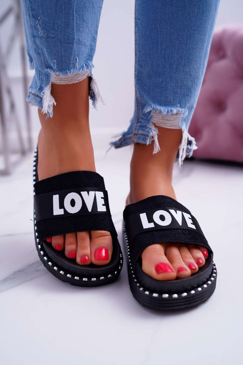 Damskie Klapki Na Platformie Z Dżetami Love Czarne MoreLove