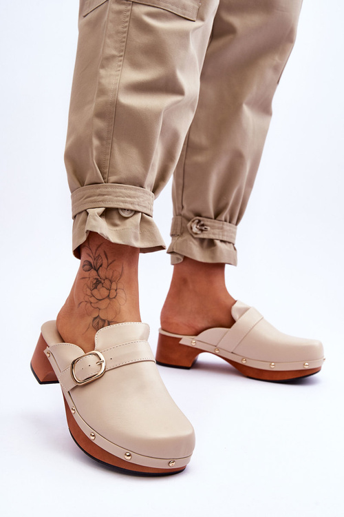 Damskie Skórzane Klapki Chodaki Beżowe Fanett