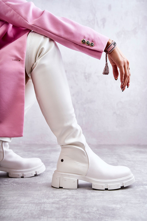 Skórzane Kozaki Za Kolano Na Płaskim Obcasie GOE KK2N4022 Białe