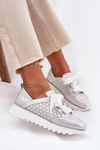 Skórzane Sneakersy Damskie Na Platformie D&A LR51-796 Srebrne