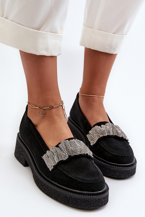 Zazoo 3419 Mokasyny Damskie Zamszowe Z Ozdobnym Paseczkiem Czarne